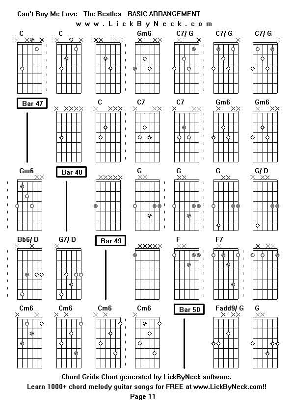 Chord Grids Chart of chord melody fingerstyle guitar song-Can't Buy Me Love - The Beatles - BASIC ARRANGEMENT,generated by LickByNeck software.